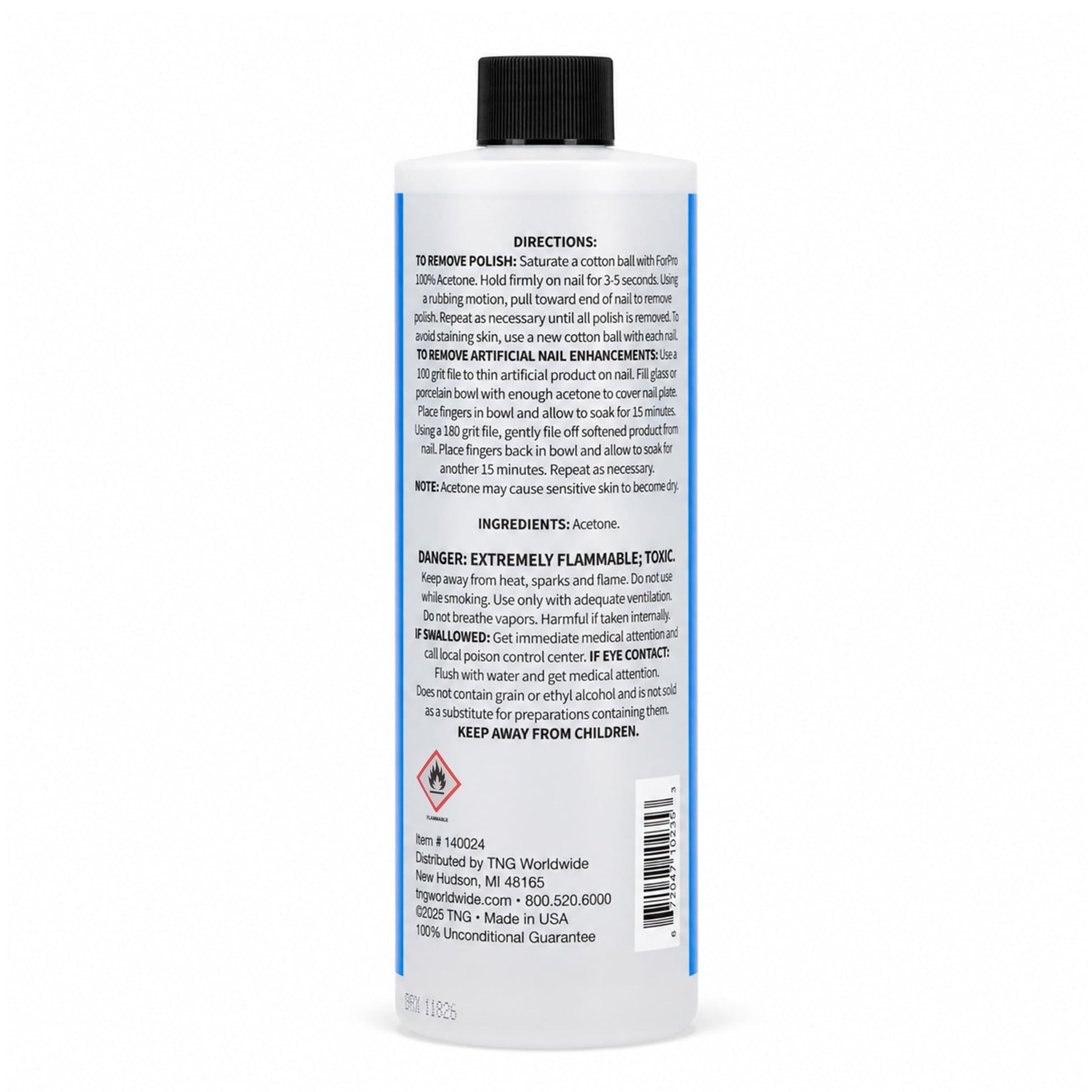Side angle view of the sixteen fluid ounce ForPro pure acetone nail polish remover packaging