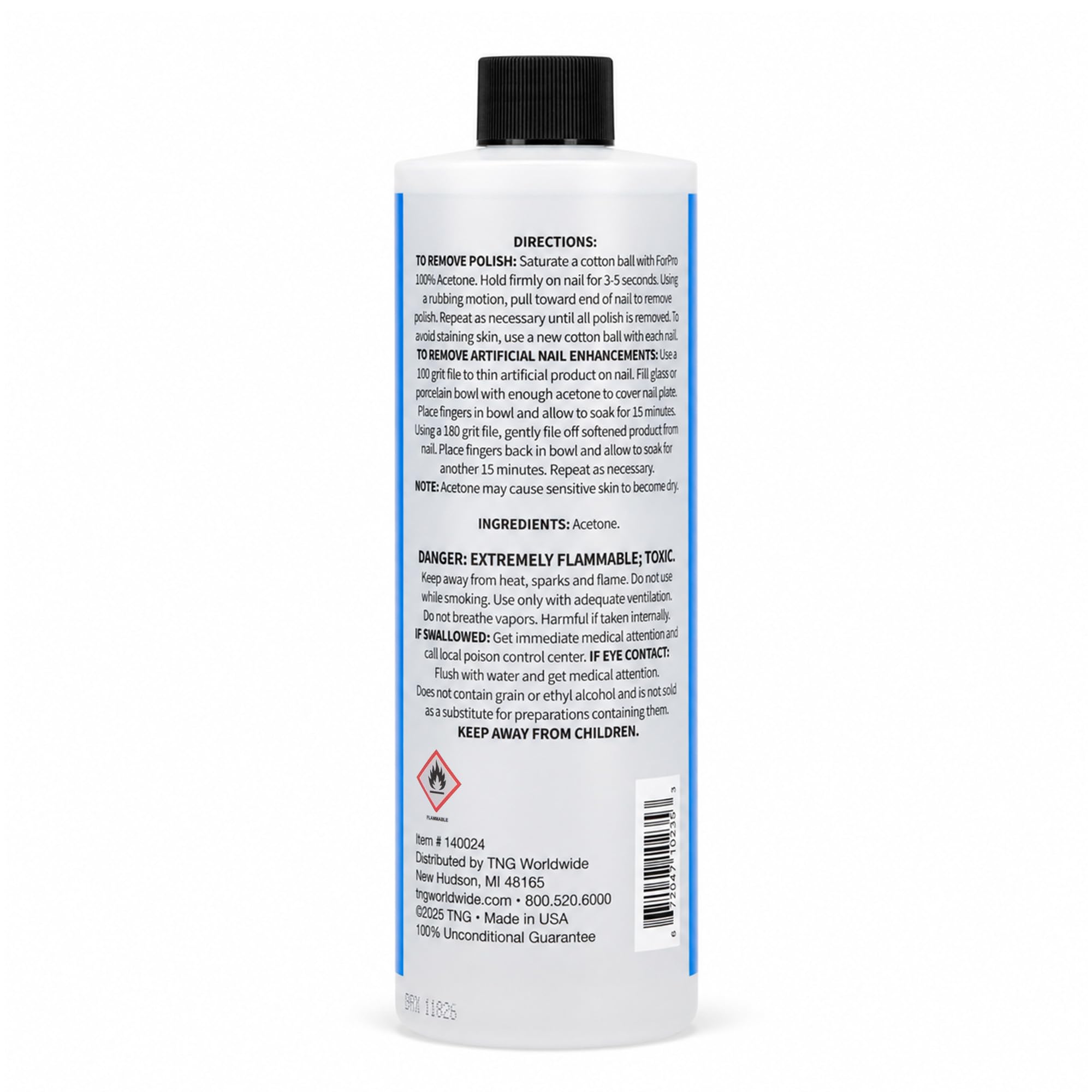 Side angle view of the sixteen fluid ounce ForPro pure acetone nail polish remover packaging