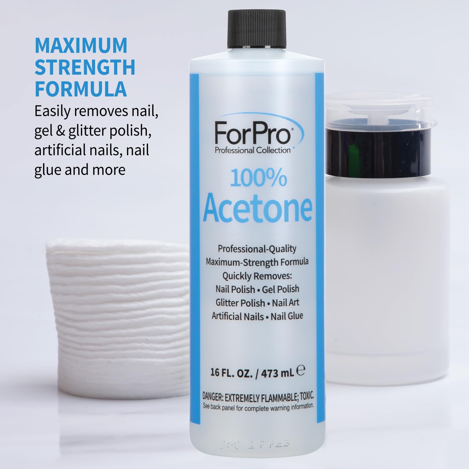 Authentic USA imported ForPro pure acetone bottle displayed on a white clean salon workstation surface