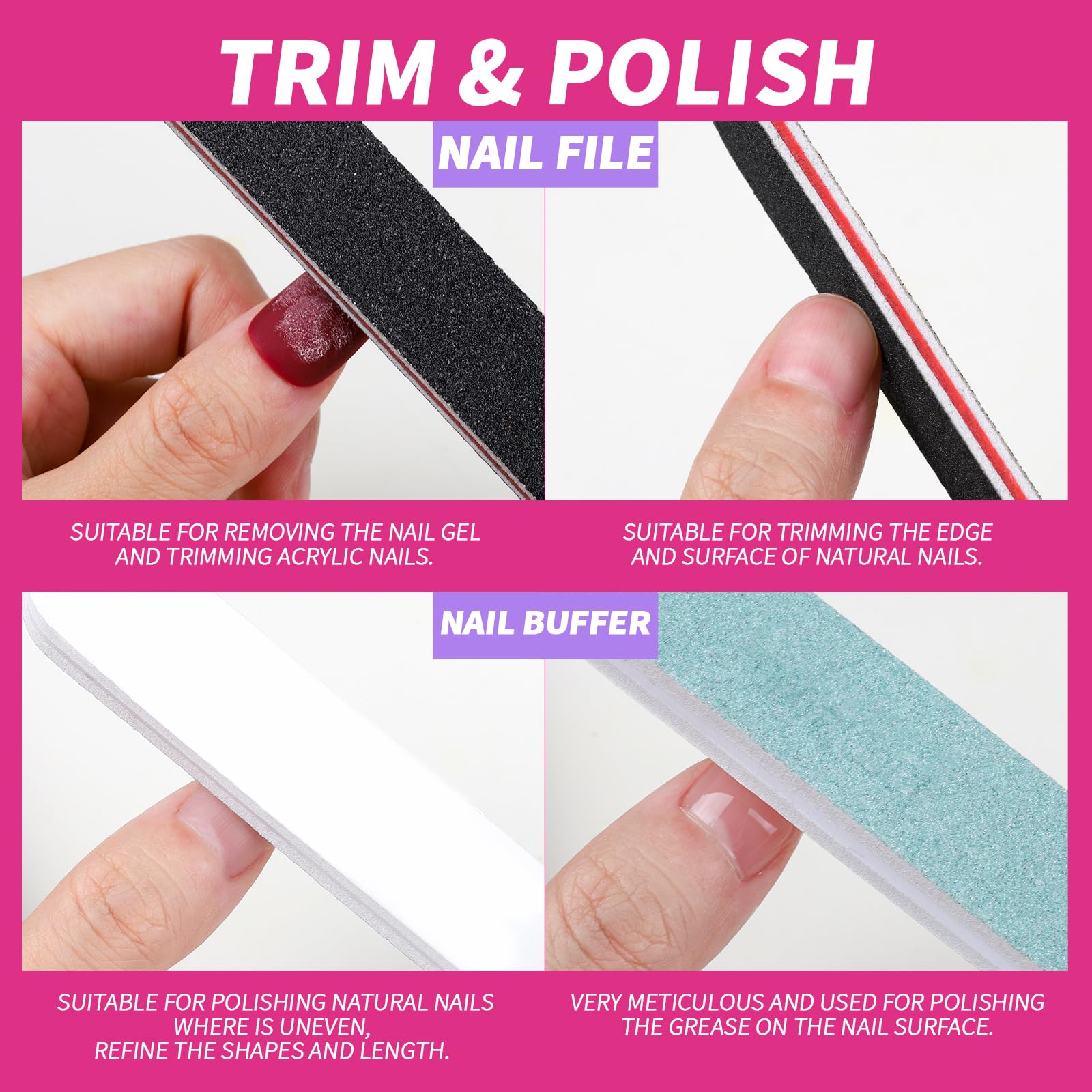 Professional grit nail files and multi sided buffer block for shaping natural nail beds