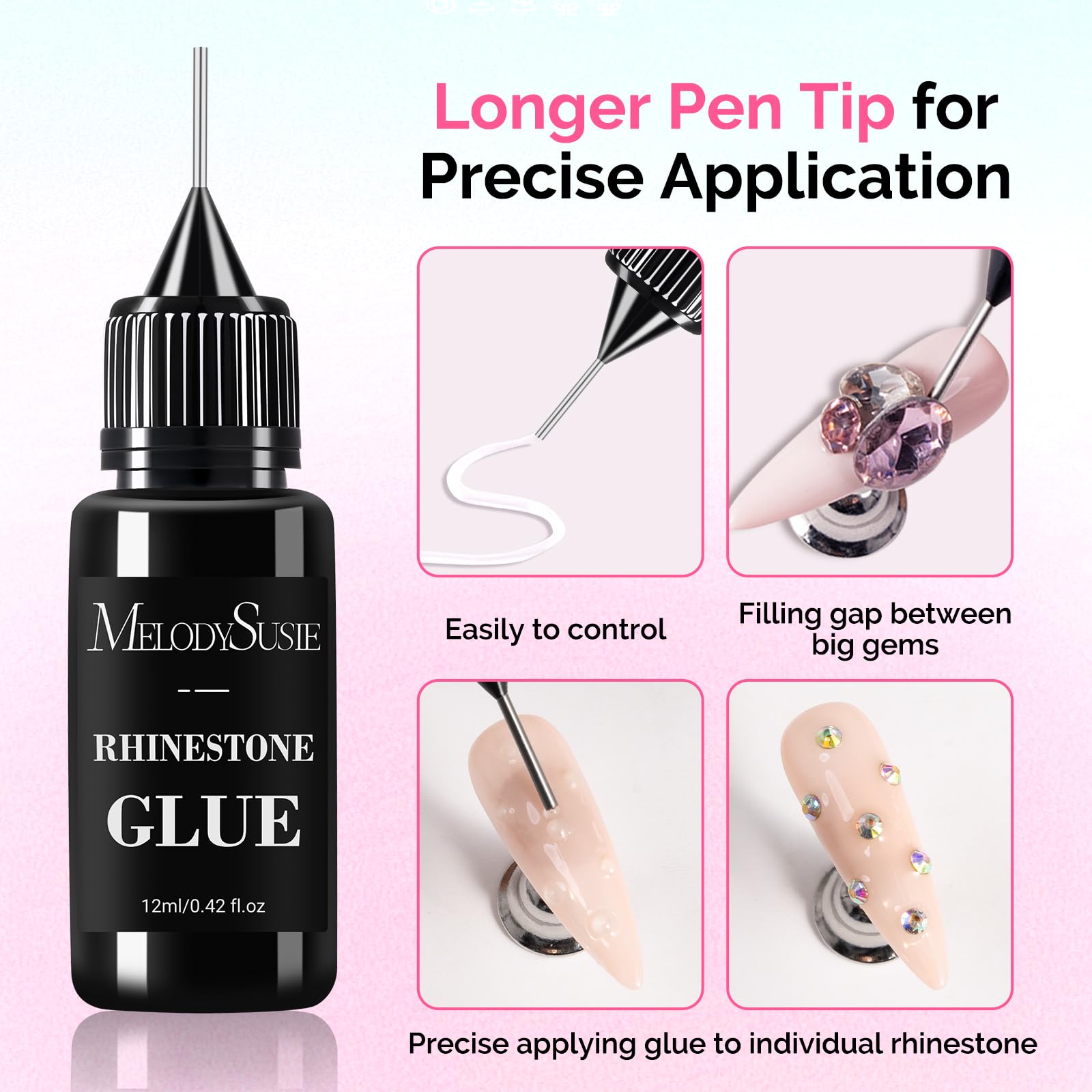 Close up of the dual tip applicator on the MelodySusie nail gem adhesive featuring the pinpoint nozzle.