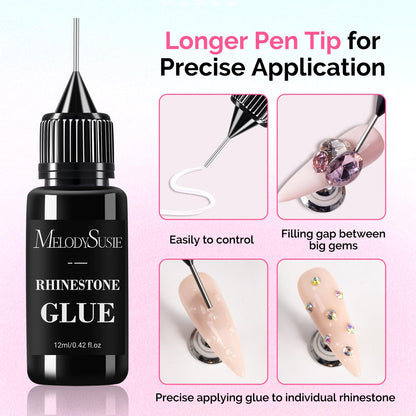 Close up of the dual tip applicator on the MelodySusie nail gem adhesive featuring the pinpoint nozzle.