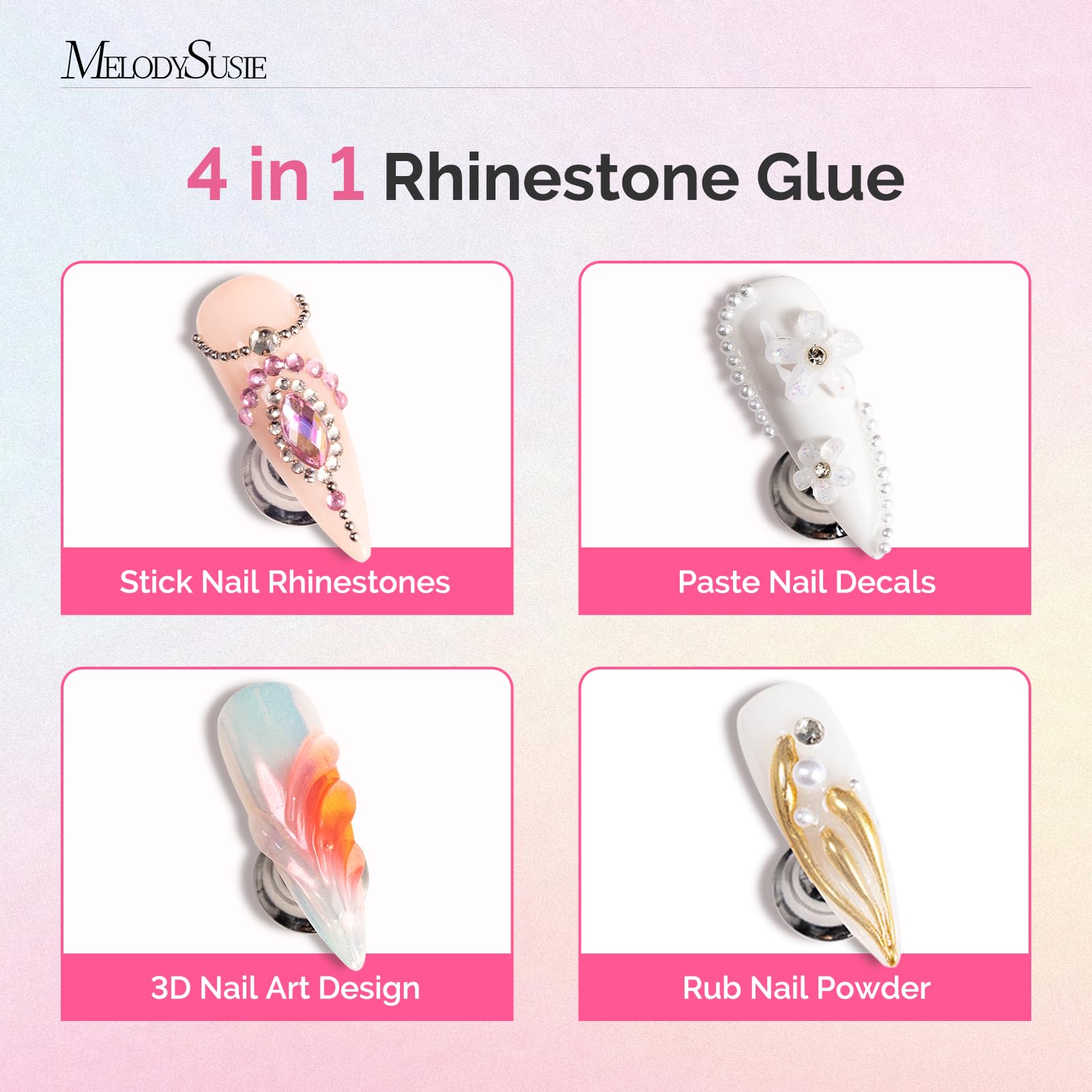 MelodySusie three dimensional gel nail art design kit demonstrating jewel placement on manicured fingers.