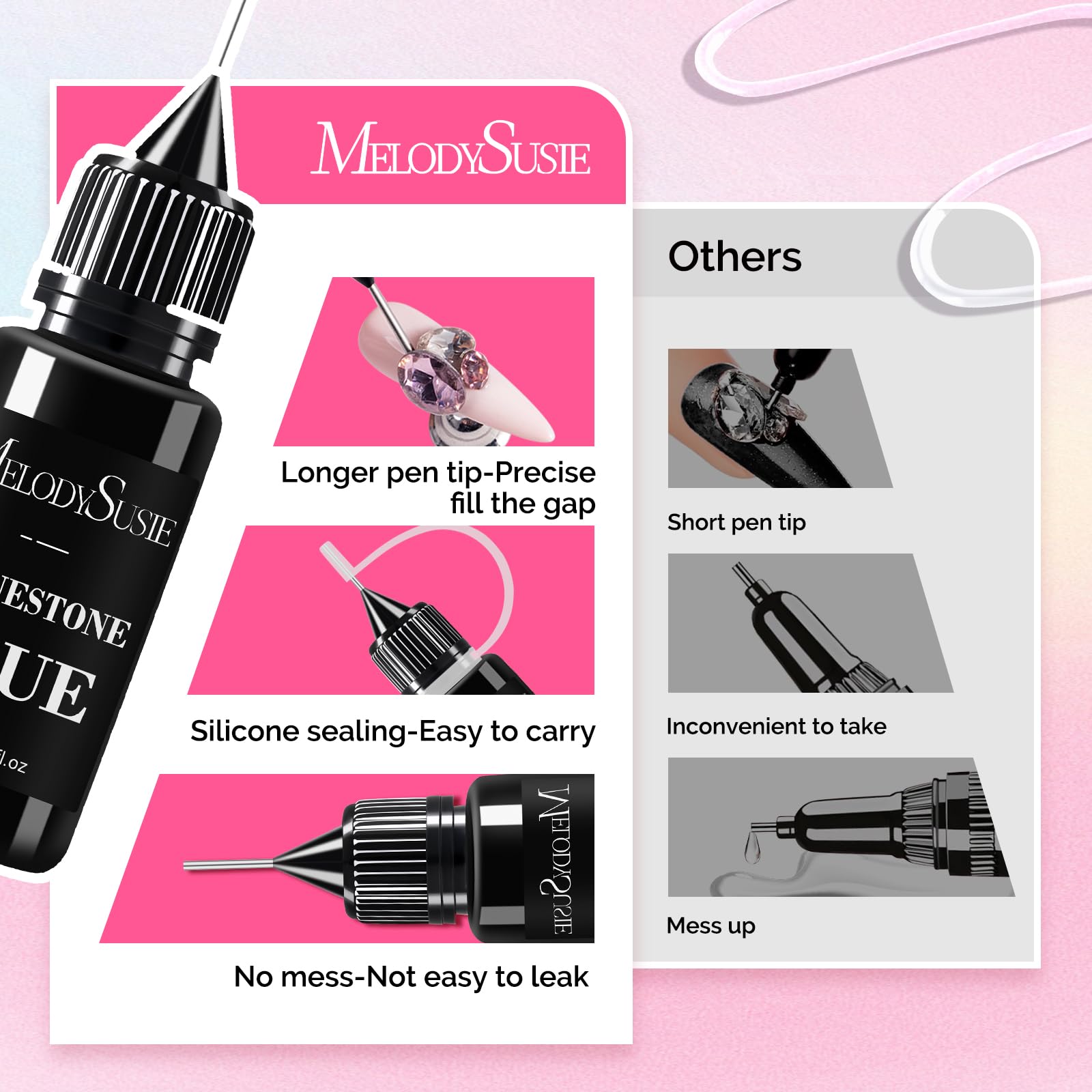 Side view of the two piece MelodySusie rhinestones adhesive bottle packaging with product directions.
