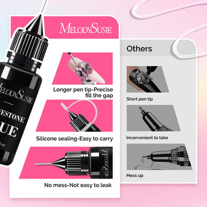 Side view of the two piece MelodySusie rhinestones adhesive bottle packaging with product directions.