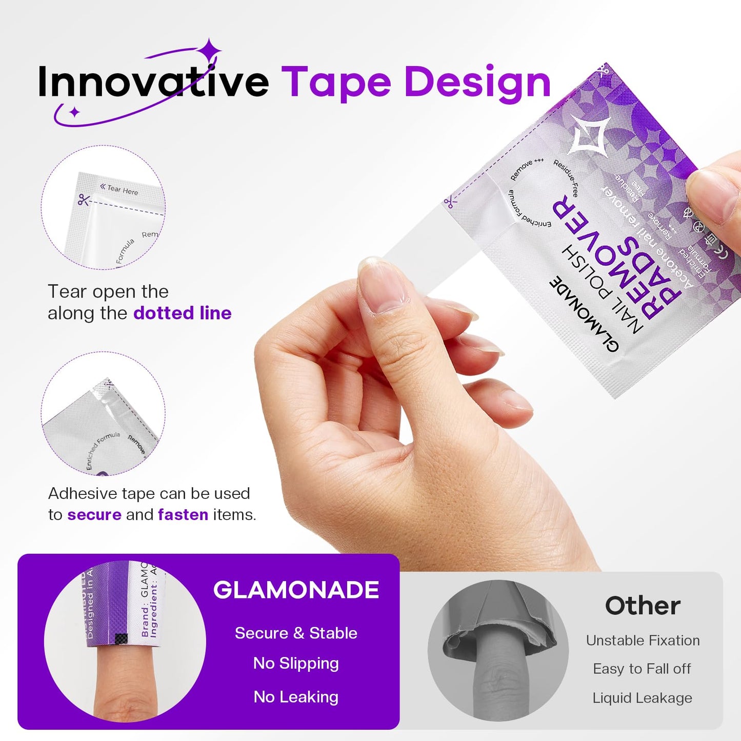 Glamonade nail remover pads inside open foil wrapper
