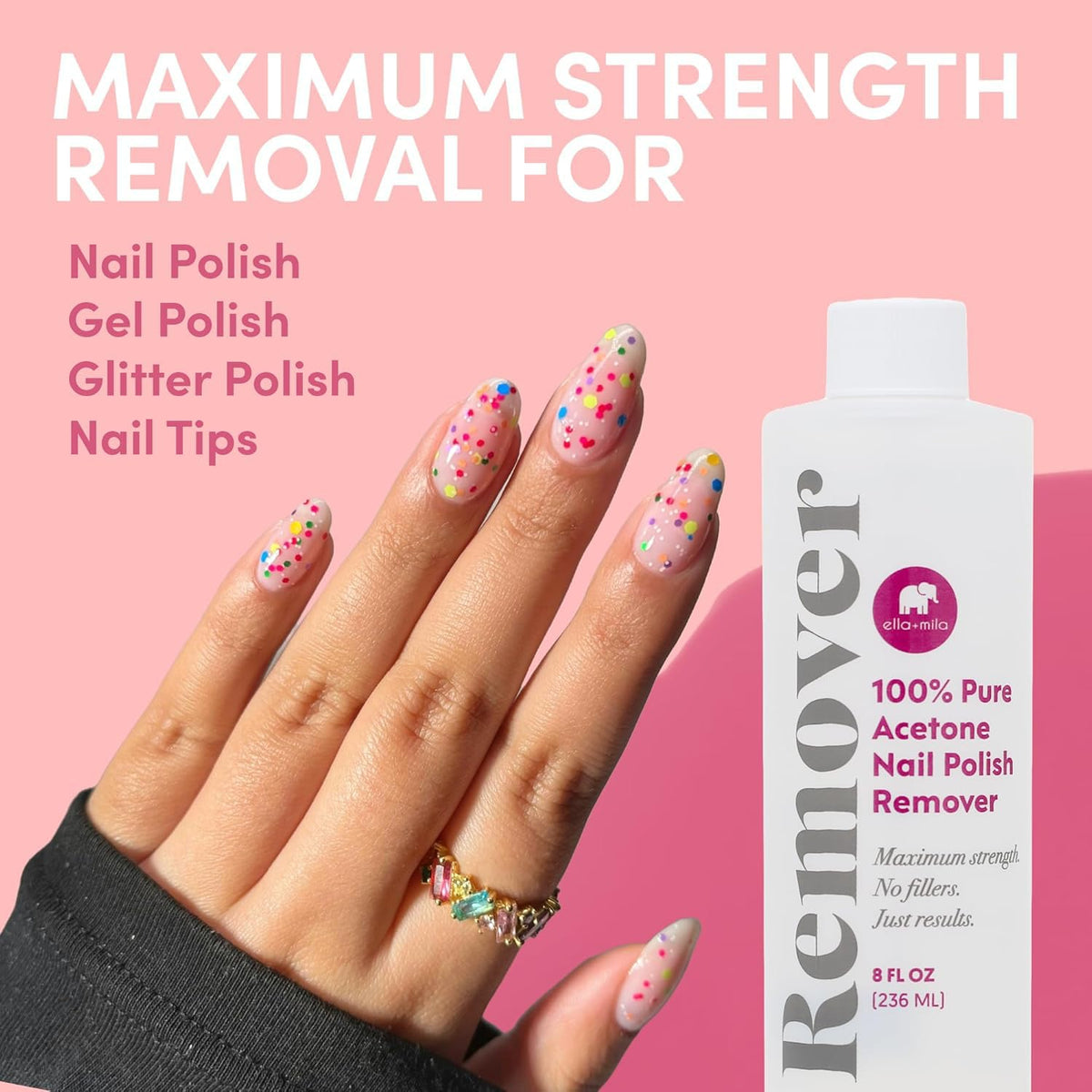 Ella+Mila vegan cruelty free acetone bottle top angle