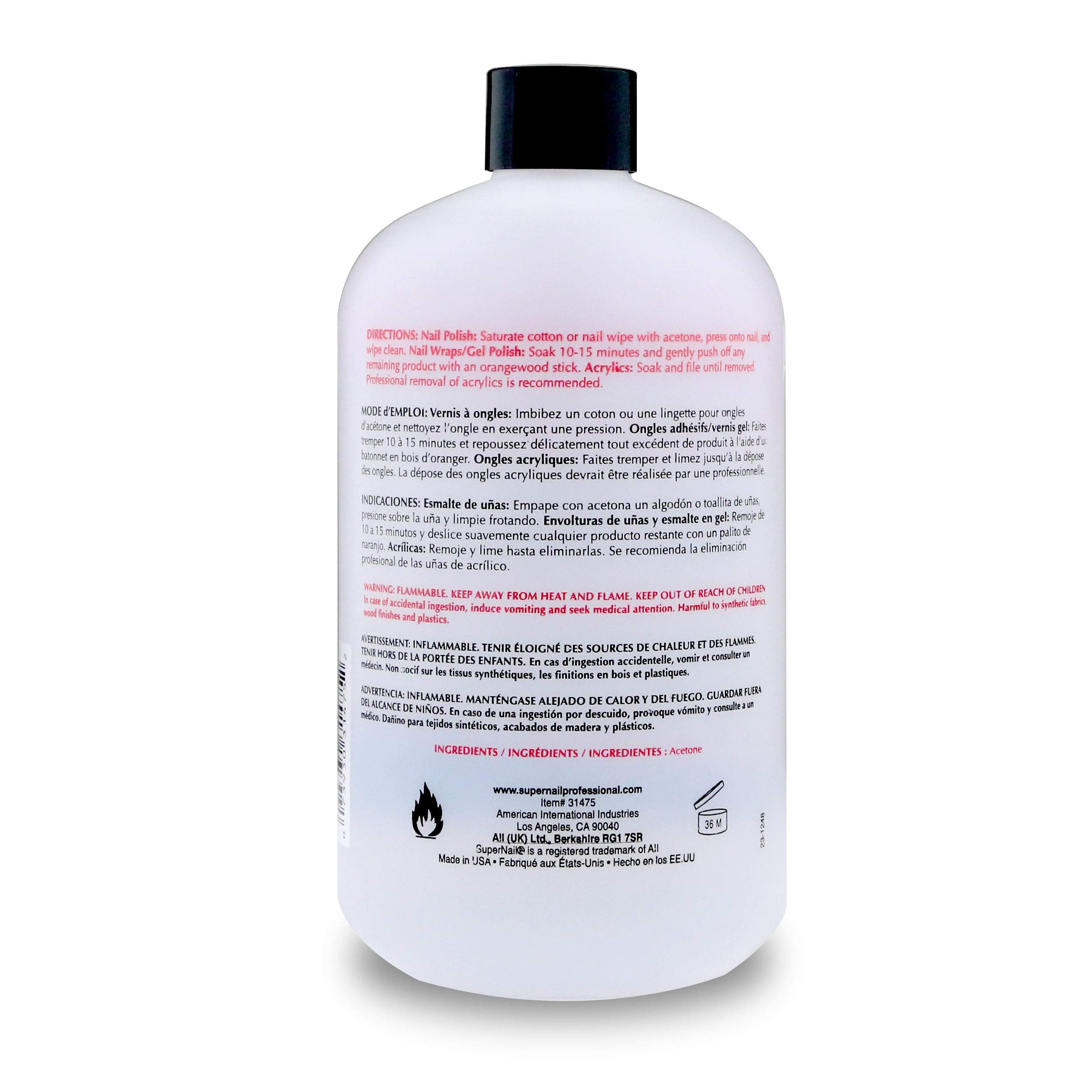 Imported SuperNail clear acetone bottle displaying instructions for soaking off dip powder and traditional lacquer