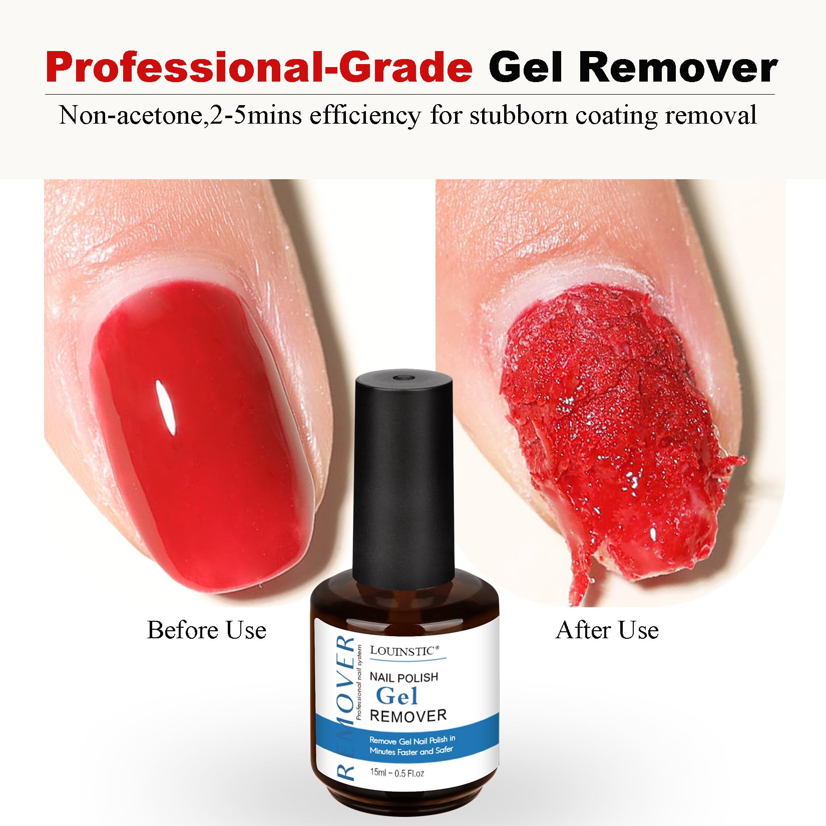 Louinstic 15ml gel remover bottle showing instructions and fast action formula