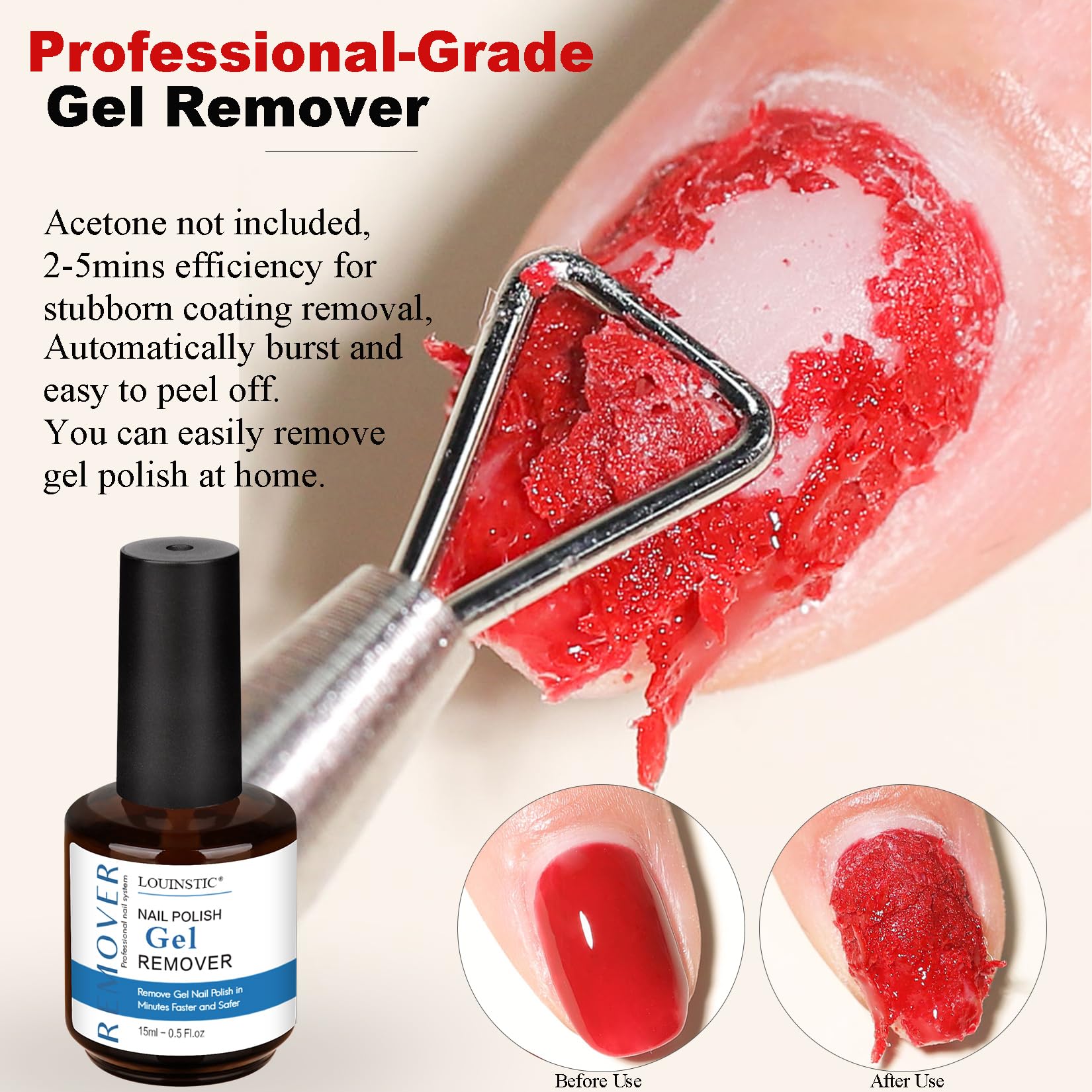 Acetone free gel remover kit including cuticle pusher and professional files