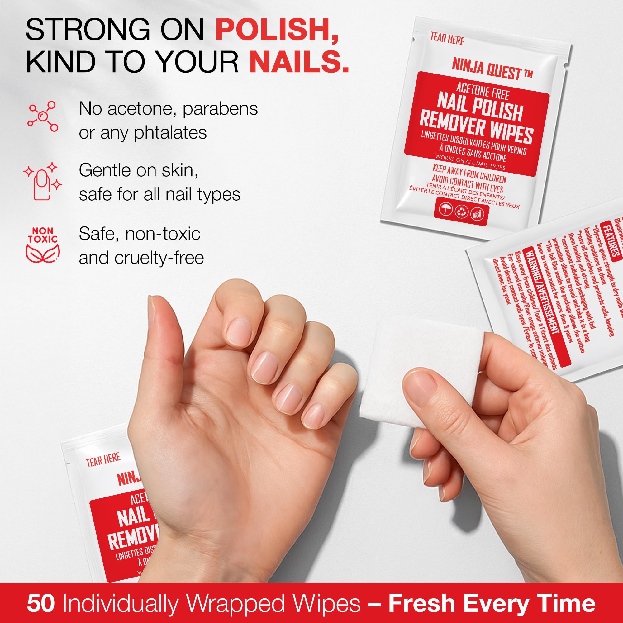 Ninja Quest 100 percent acetone free travel wipes fifty pack product box