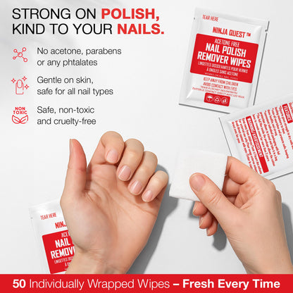 Ninja Quest 100 percent acetone free travel wipes fifty pack product box