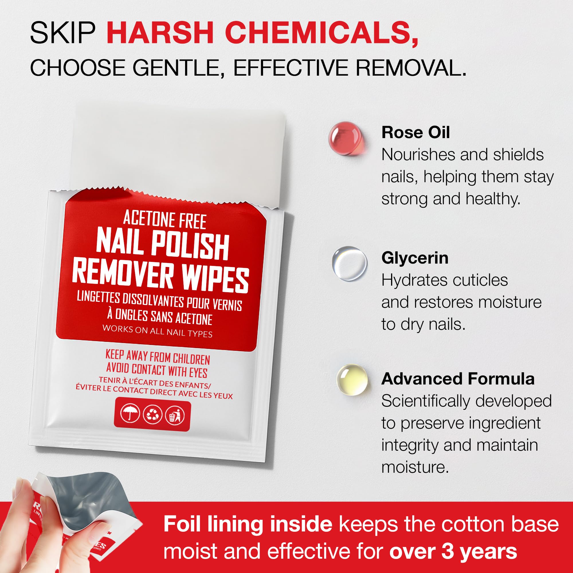 Individually wrapped travel kit nail polish remover wipes being opened