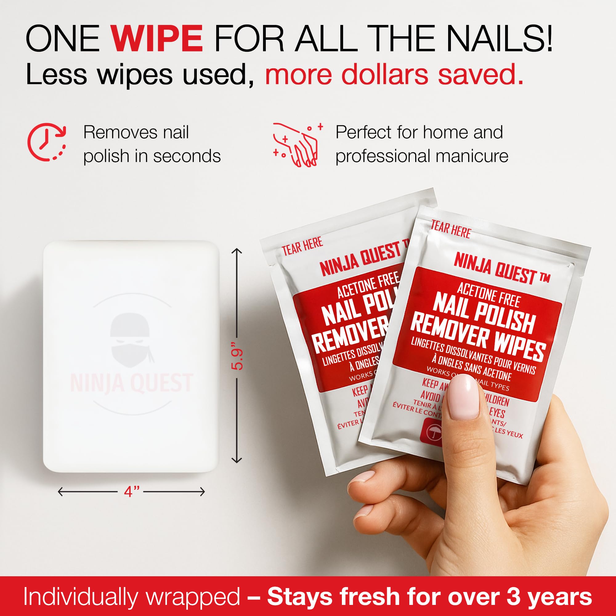 Pre moistened non acetone wipe clearing red polish from a fingernail