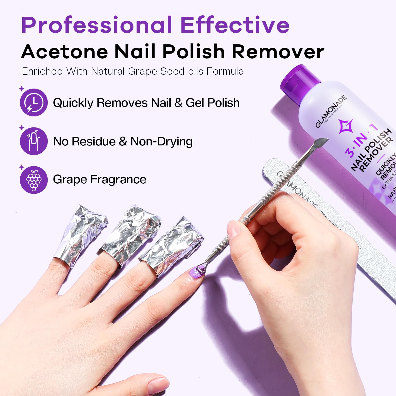 Glamonade professional 3 in 1 nail polish remover bottle displaying the anti evaporation flip top cap close up