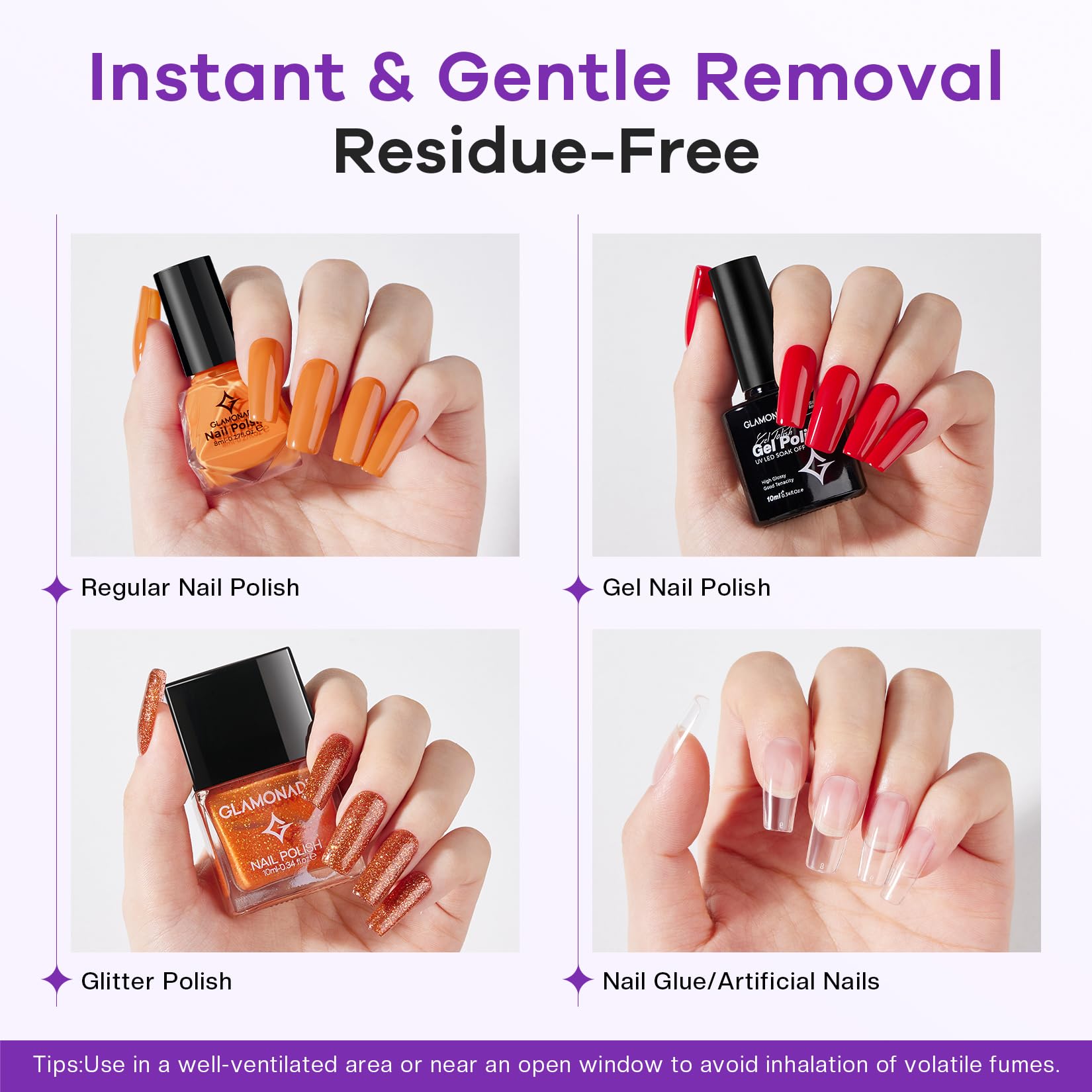 Glamonade salon strength acetone liquid pouring onto a cotton pad for gel extensions removal