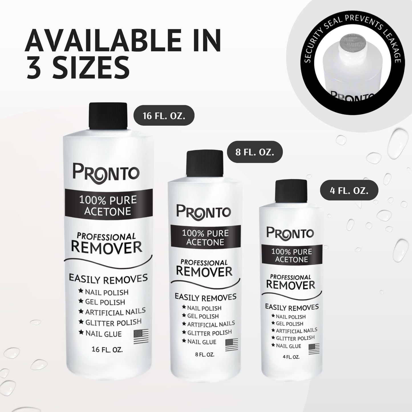 Pronto pure salon strength acetone bottle showcasing clear product contents