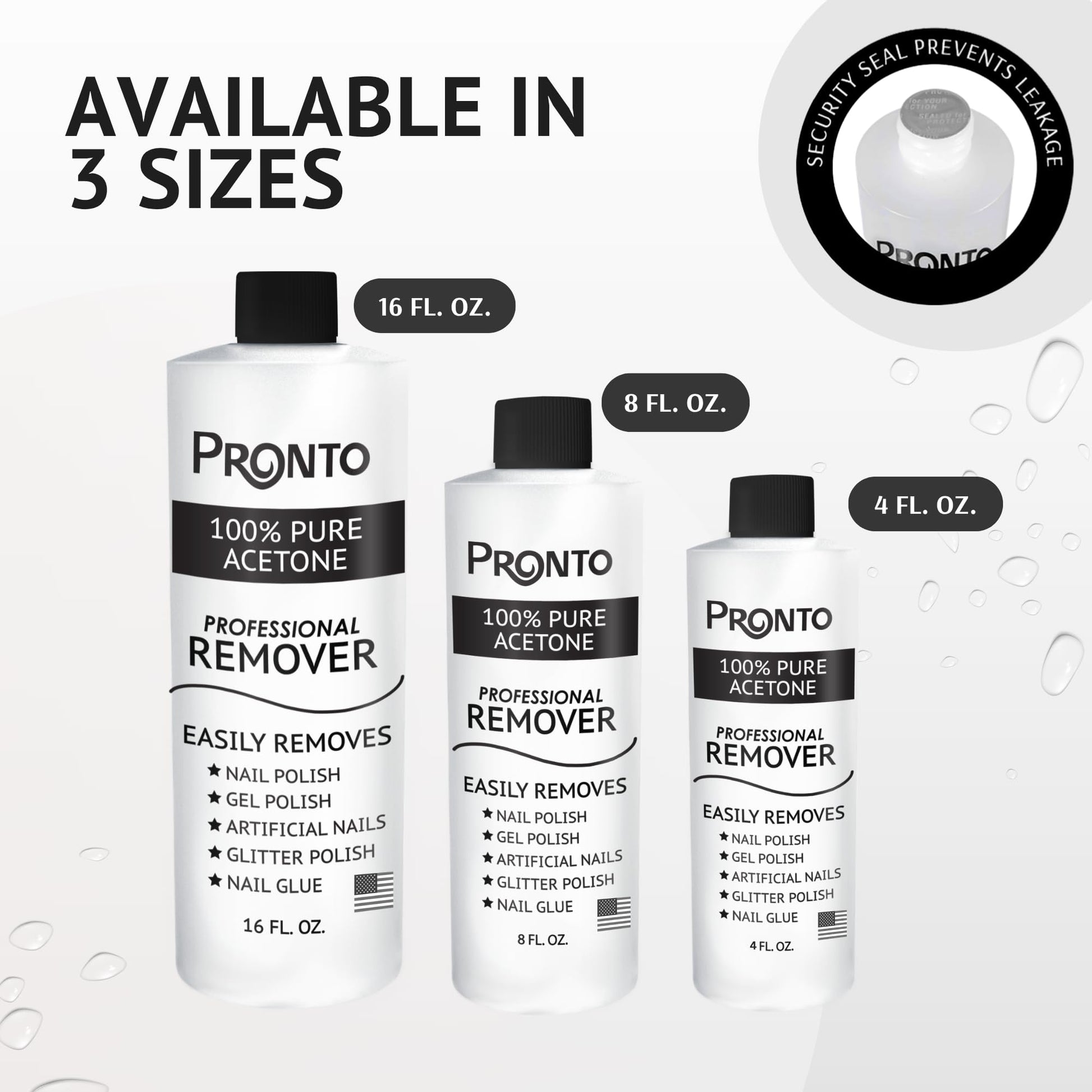 Pronto pure salon strength acetone bottle showcasing clear product contents