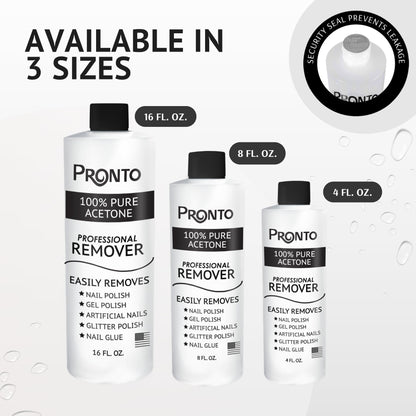 Pronto pure salon strength acetone bottle showcasing clear product contents