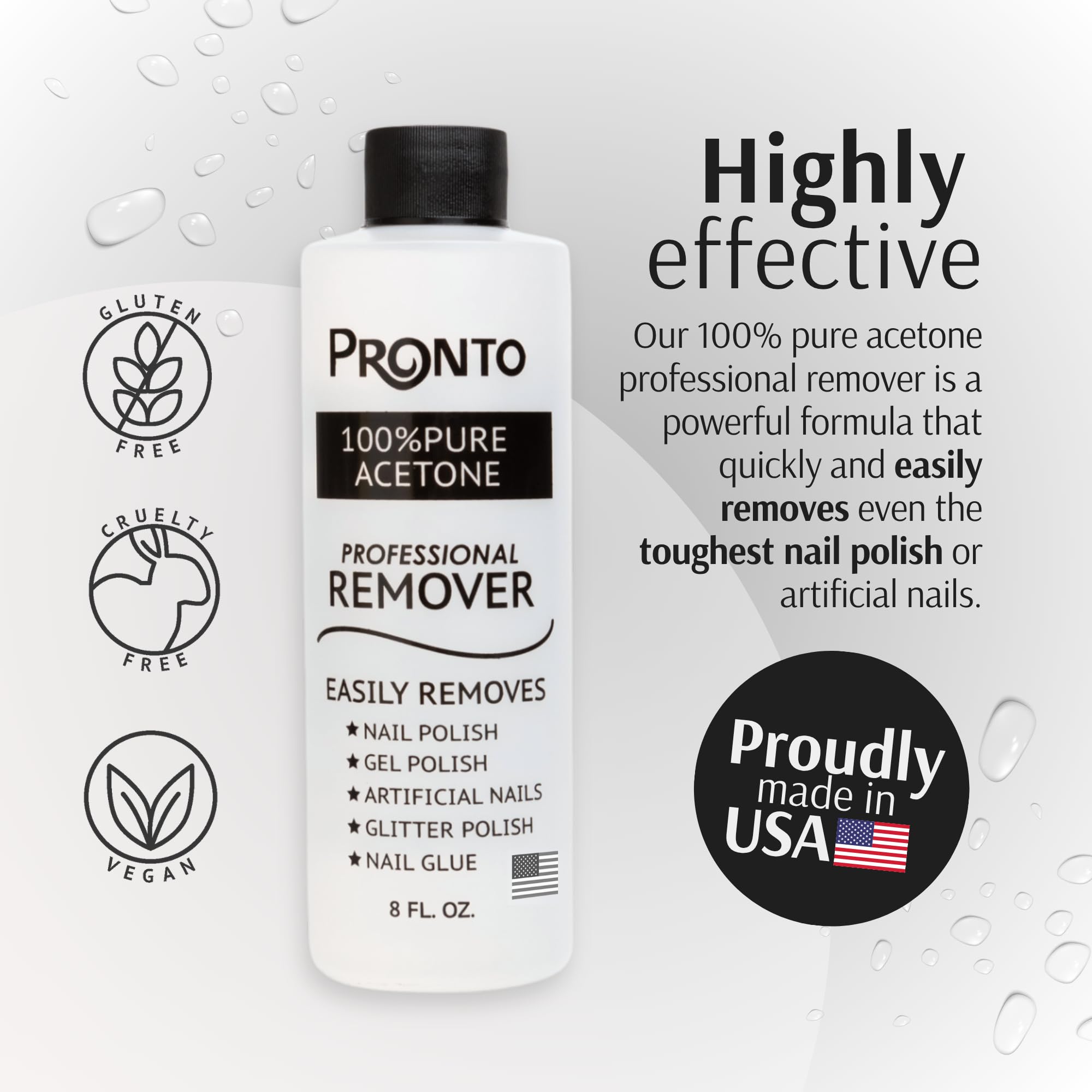 Pronto professional pure acetone liquid bottle highlighting the application instructions for gel removal