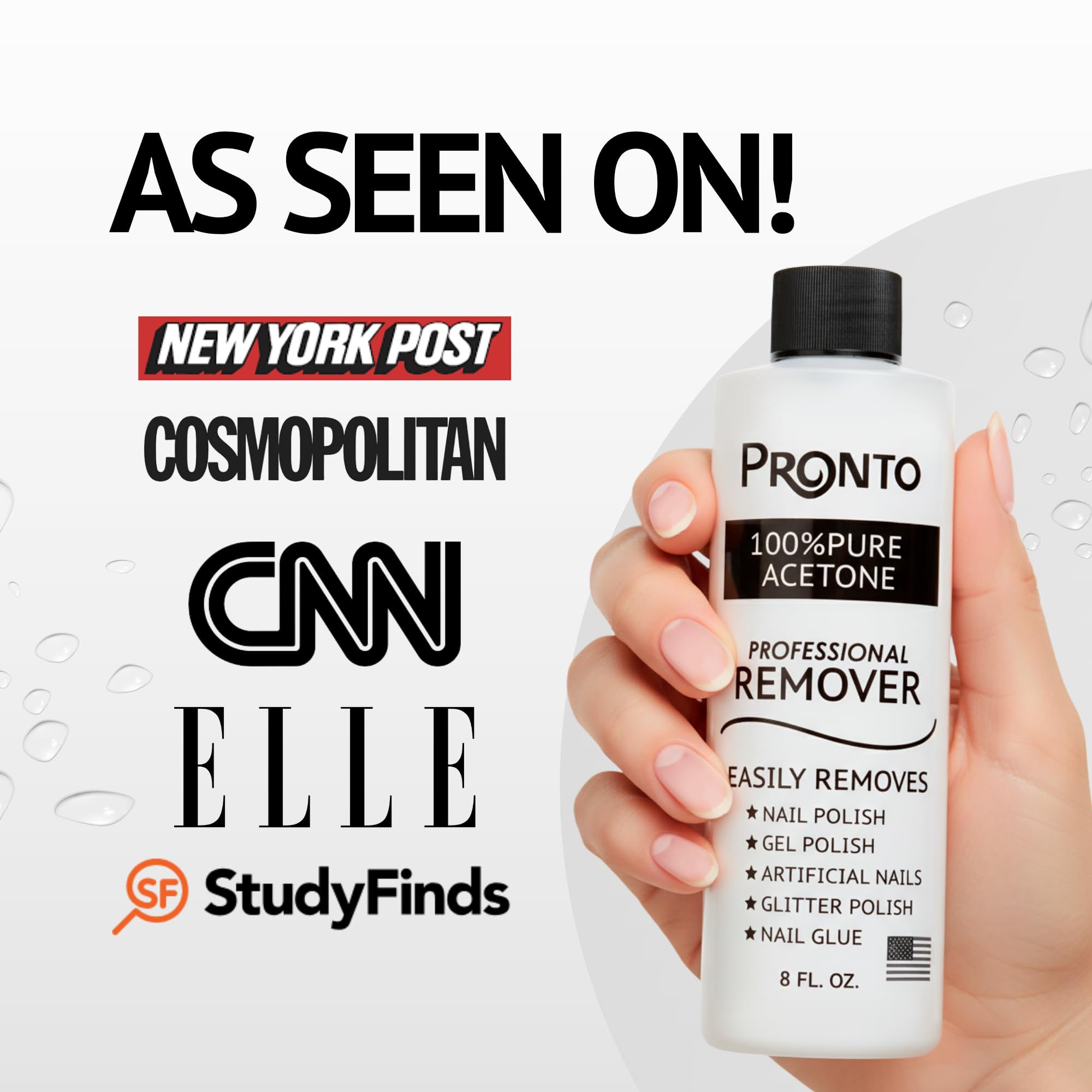 Pronto salon strength acrylic and dip nail lacquer remover clear bottle layout on white background