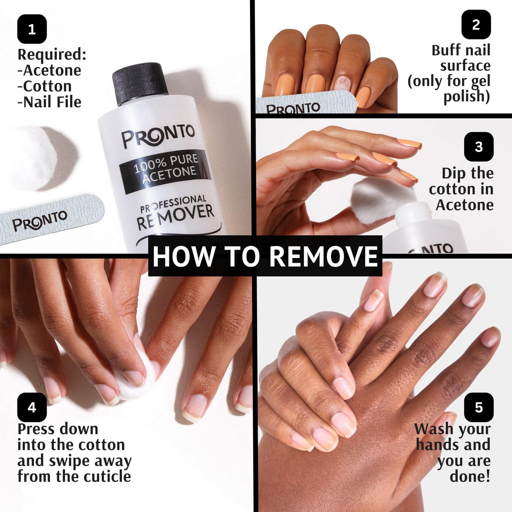 Pronto acetone bottle displayed with cotton balls for nail removal routine