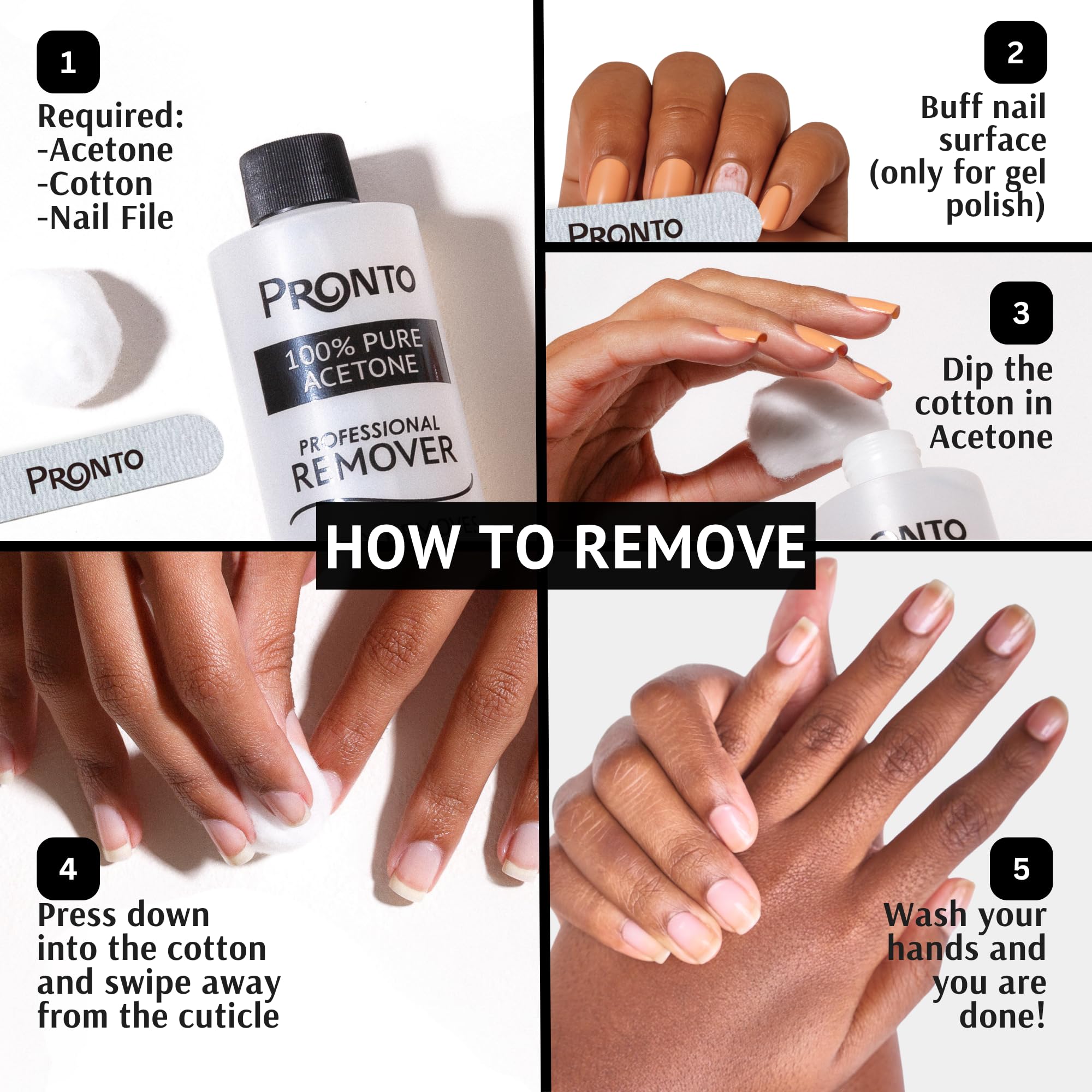 Pronto quick acting gel polish remover bottle details emphasizing suitability for natural and artificial nails