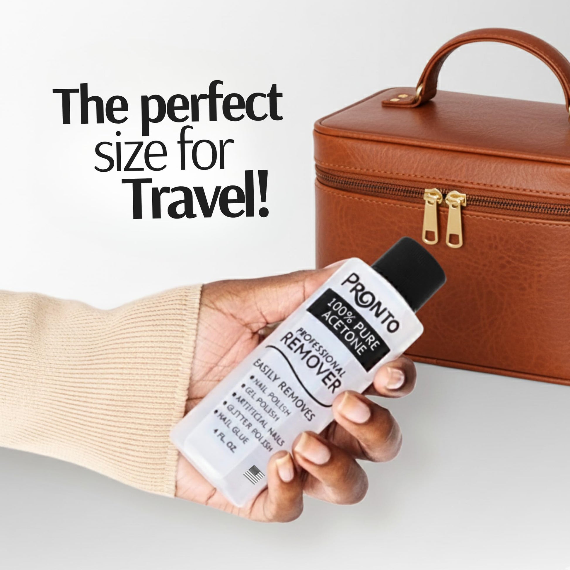 Pronto professional nail extension and glue remover fluid displaying volume information and safety warnings