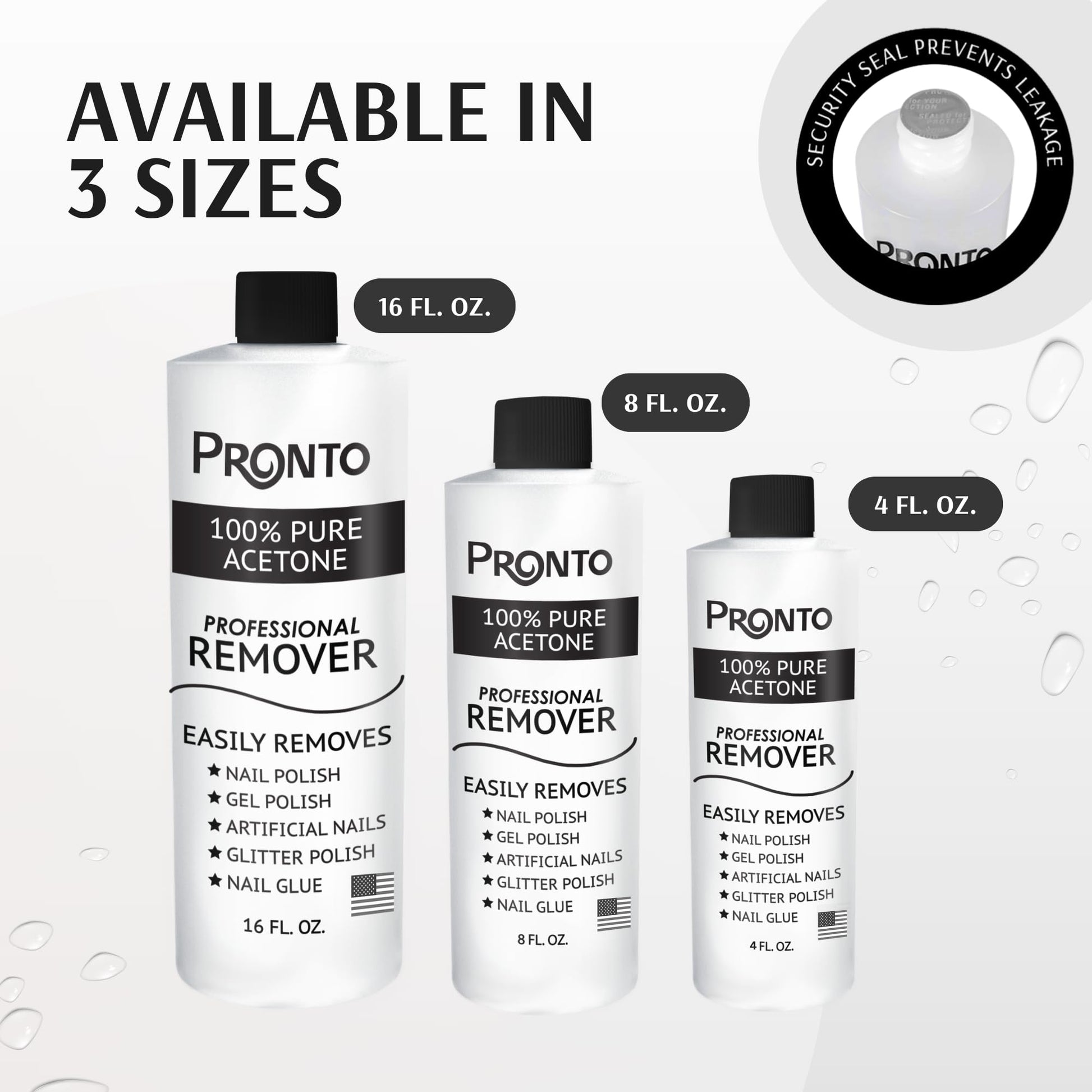 Pronto 100 percent pure acetone formula bottle close up emphasizing its premium ingredients