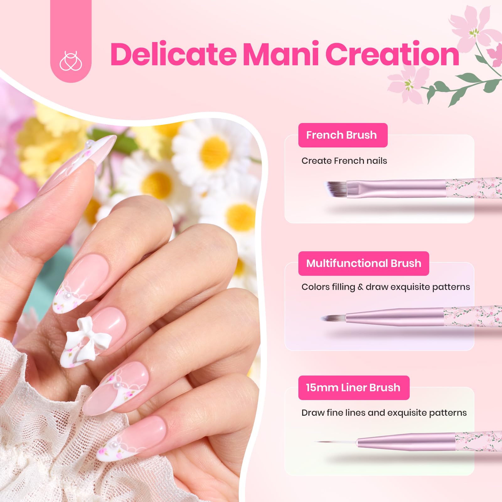 Beetles 6-piece nail art brush kit with floral handles and accessories
