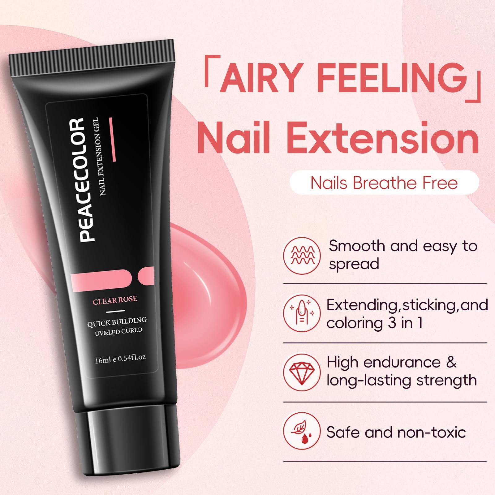 Close up of Peacecolor poly extension gel colors and accessories