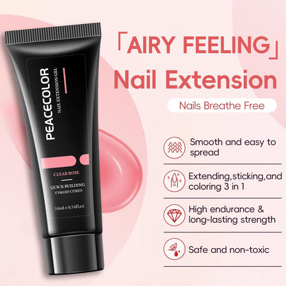 Close up of Peacecolor poly extension gel colors and accessories