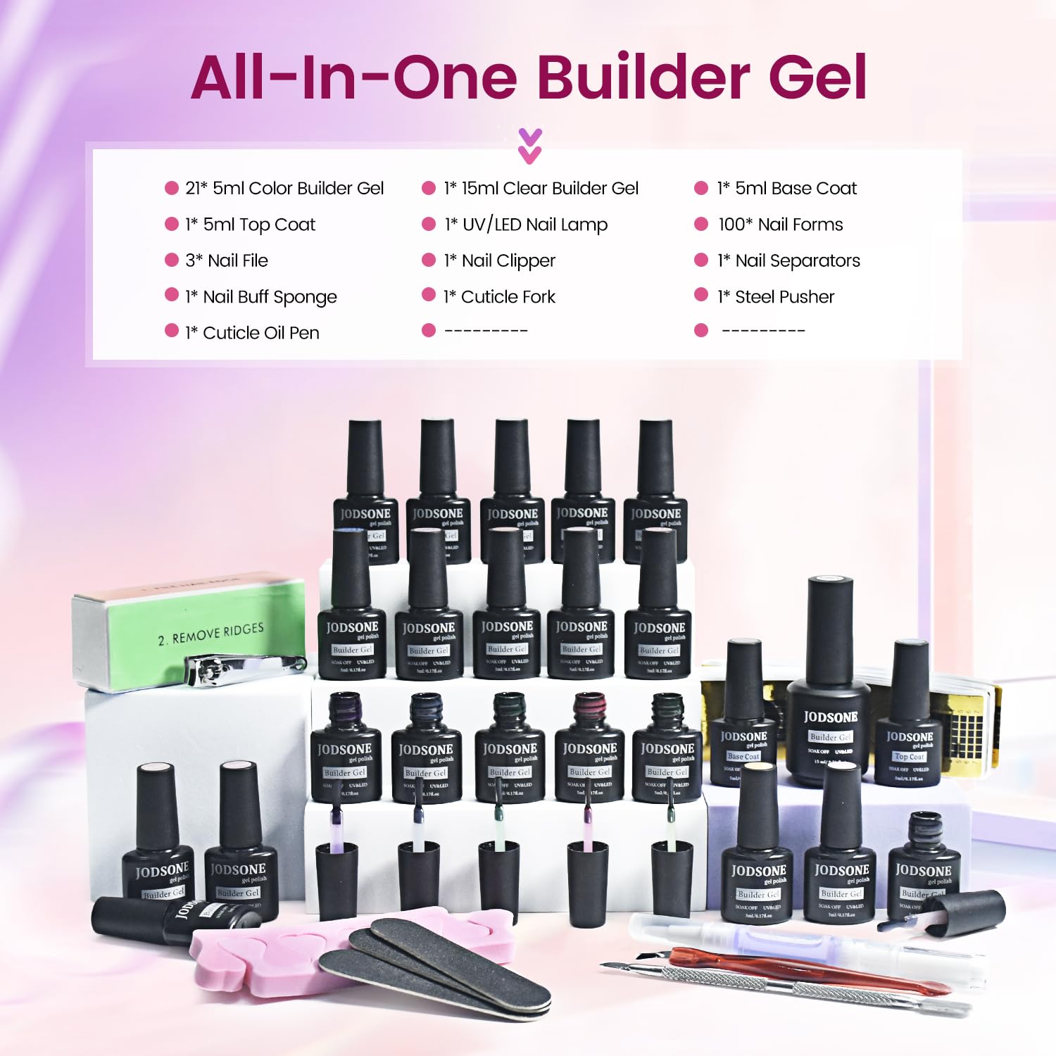 Close up of Jodsone builder gel nail polish bottles and manicure tools