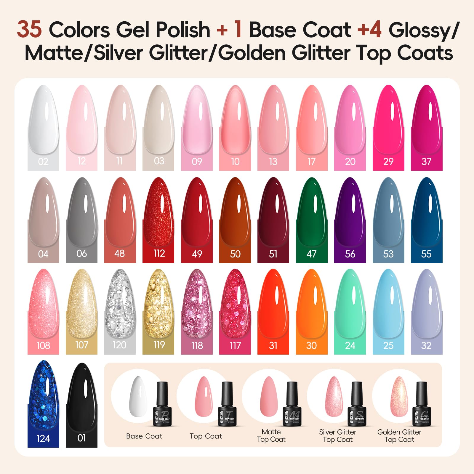 Assortment of Peacecolor gel nail polishes and top coats
