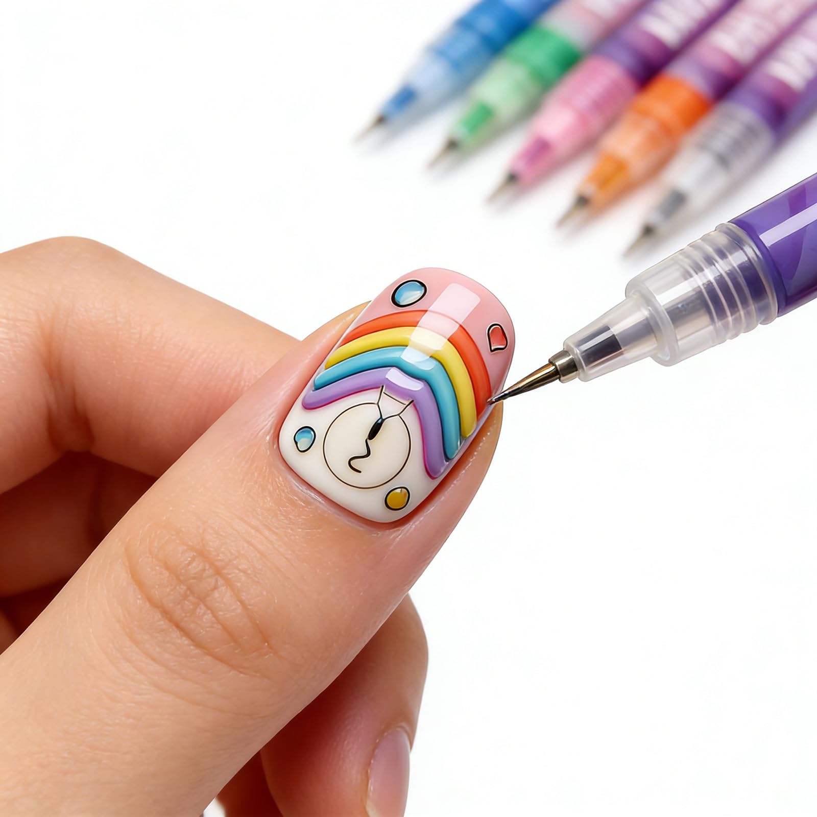 Detailed view of nail art pens used for floral patterns