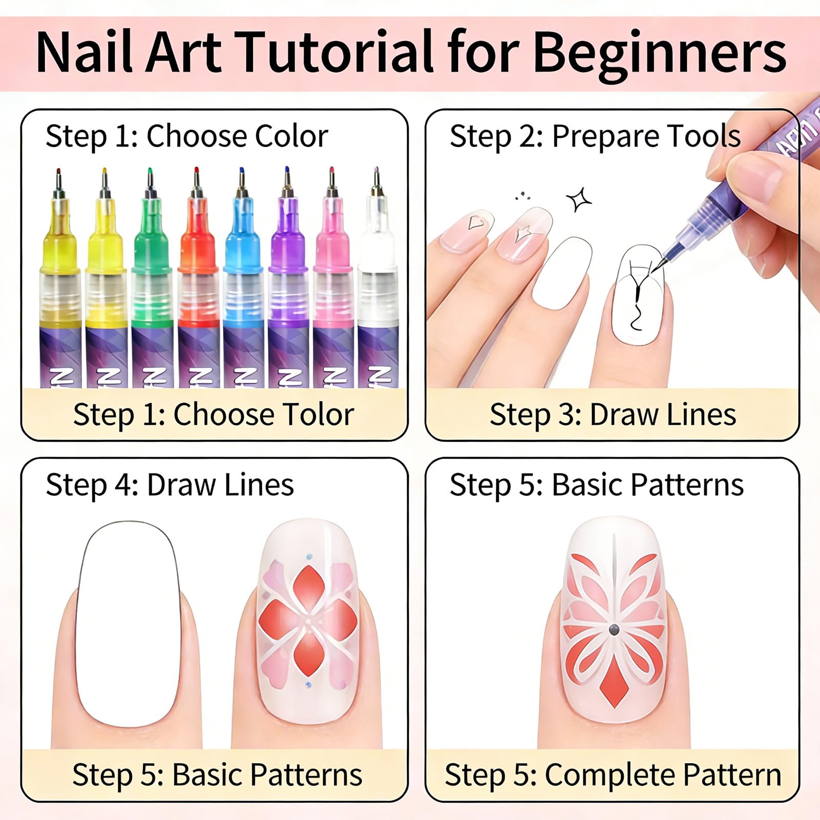 Demonstration of nail art pen drawing on a manicure