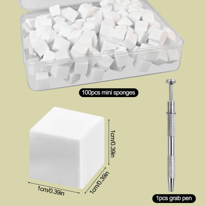 Professional metal grabber tool holding a soft white nail sponge