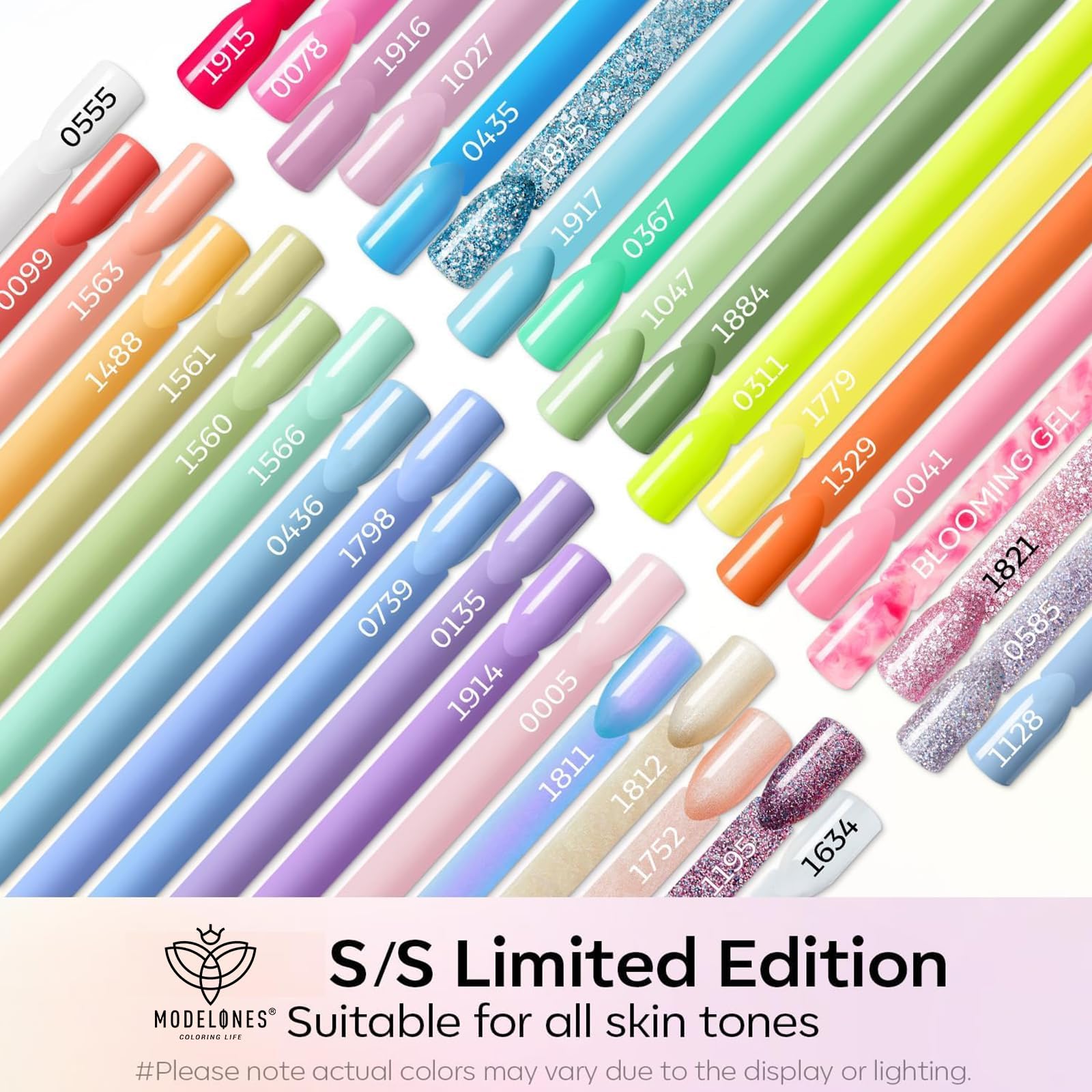 Modelones gel nail polish bottles displaying variety of pastel and glitter shades