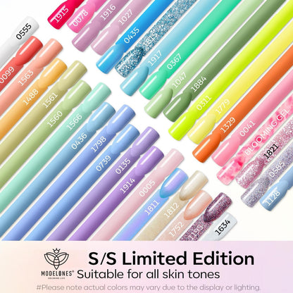 Modelones gel nail polish bottles displaying variety of pastel and glitter shades