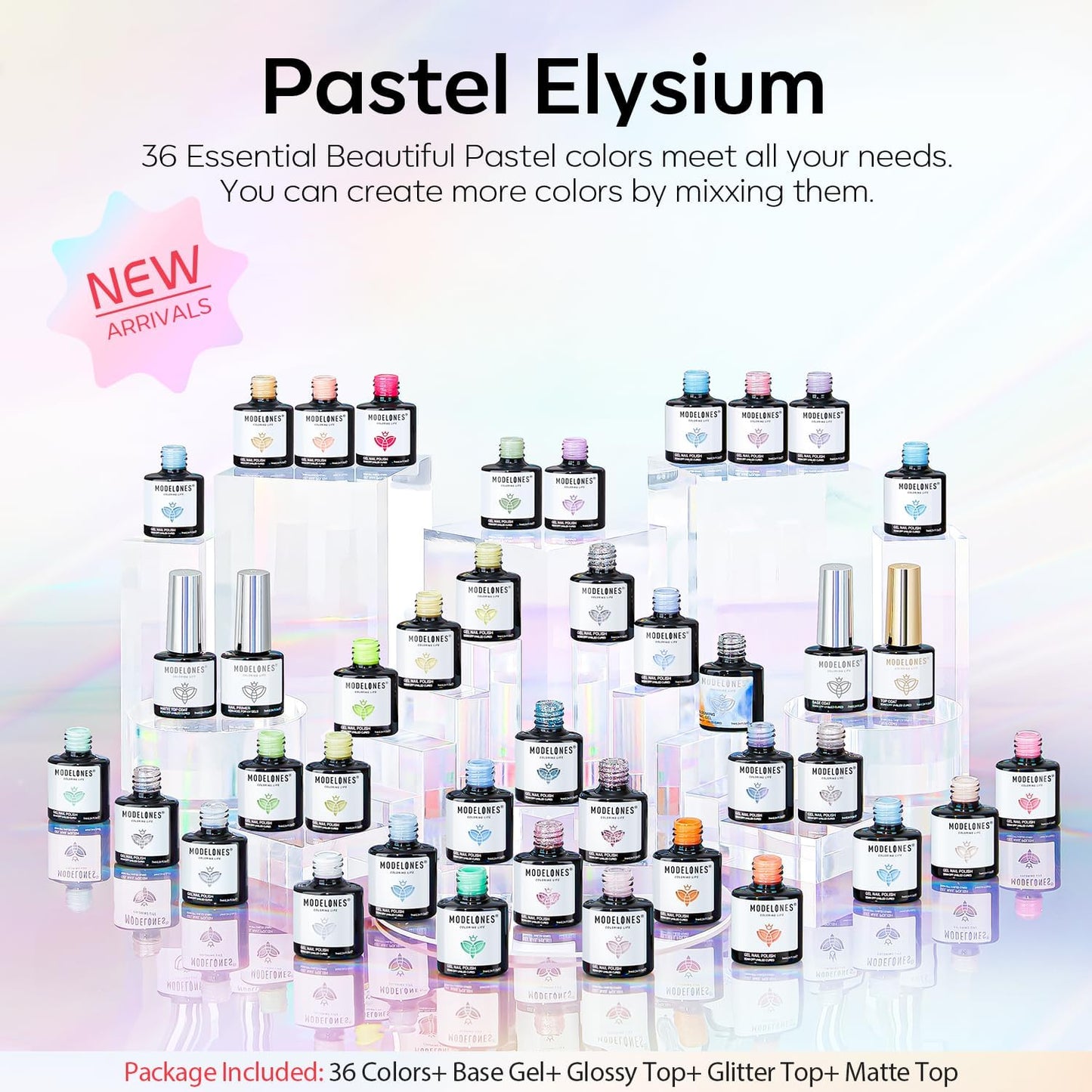 Swatches of various pastel and glitter colors from Modelones 40 piece set