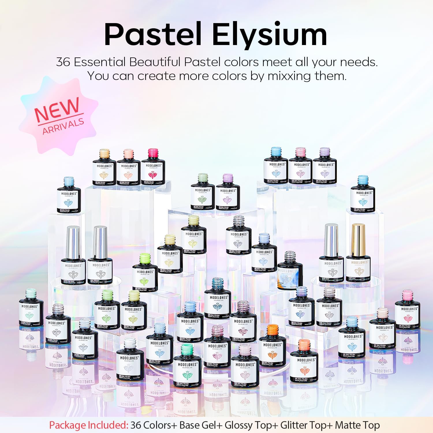 Swatches of various pastel and glitter colors from Modelones 40 piece set