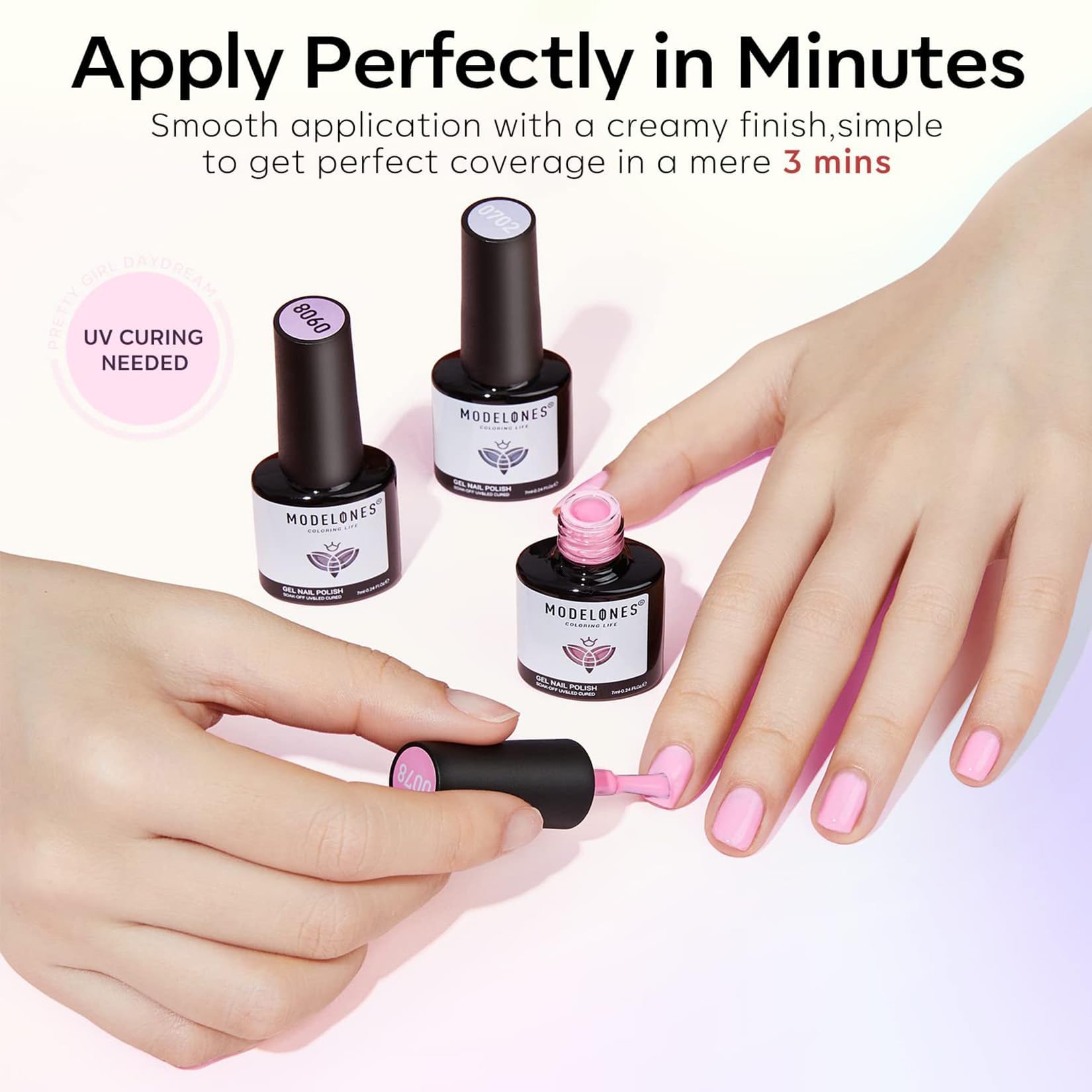 Detailed shot of Modelones matte and glossy top coat finish on nails
