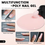 Close-up of nude and pink poly extension gel color shades