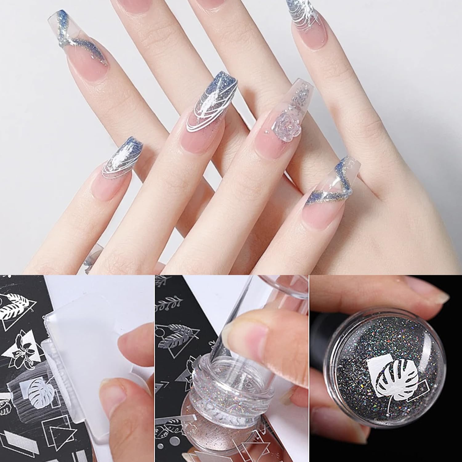 Precious Cosmetics nail art kit components including scraper and brushes.
