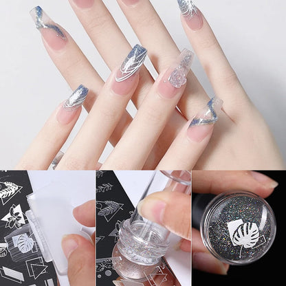 Precious Cosmetics nail art kit components including scraper and brushes.
