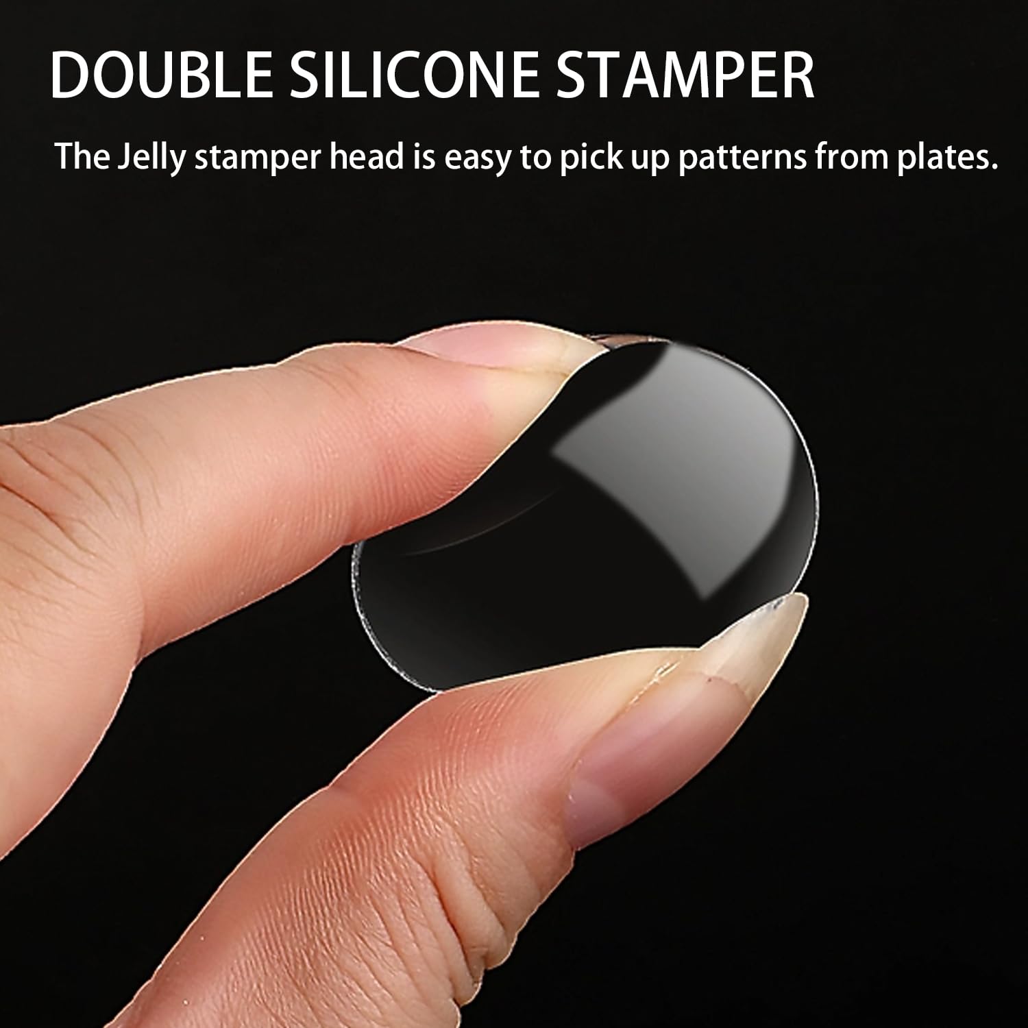Using French tip nail stamp tool for home DIY salon manicure.