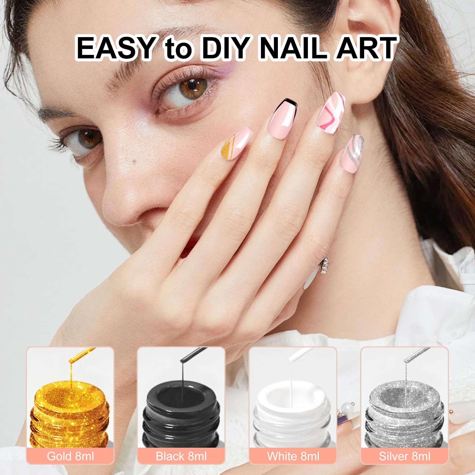 Swatches of black white gold and silver gel liner polish