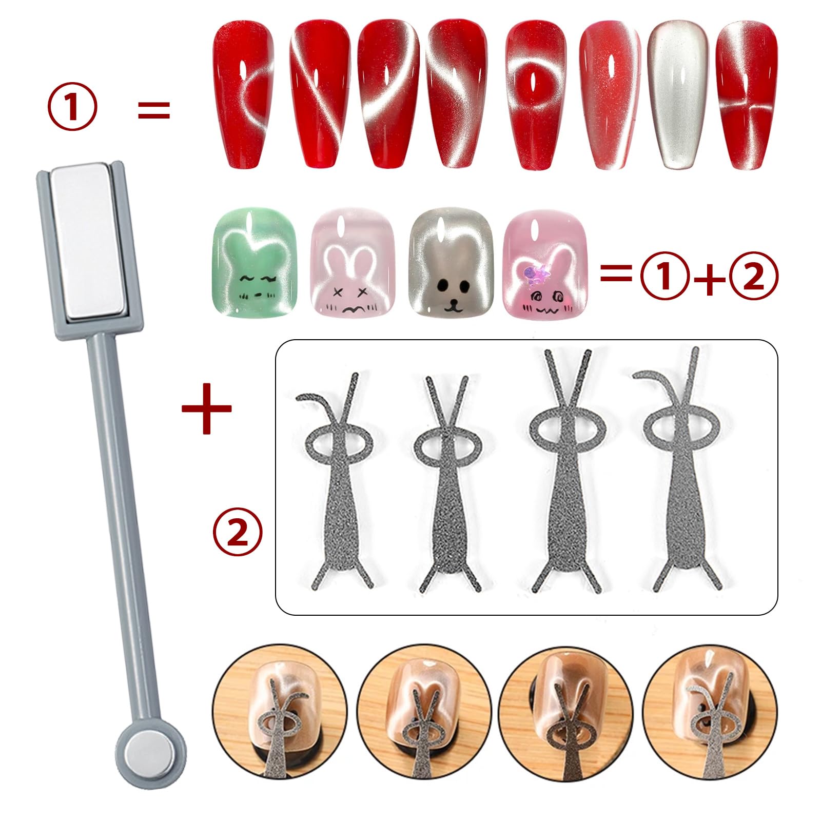 Top view of cat eye magnet sticks and iron stencils