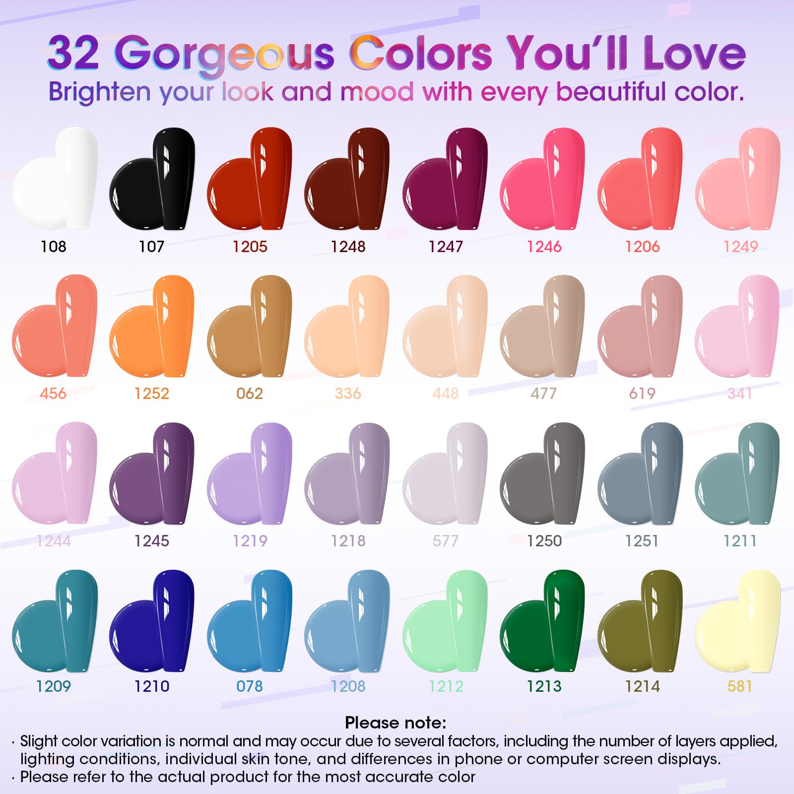 Detailed view of 32 Gellen gel polish color collection