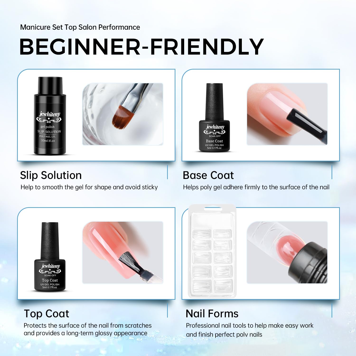Top and base coat bottles included in Jewhiteny kit